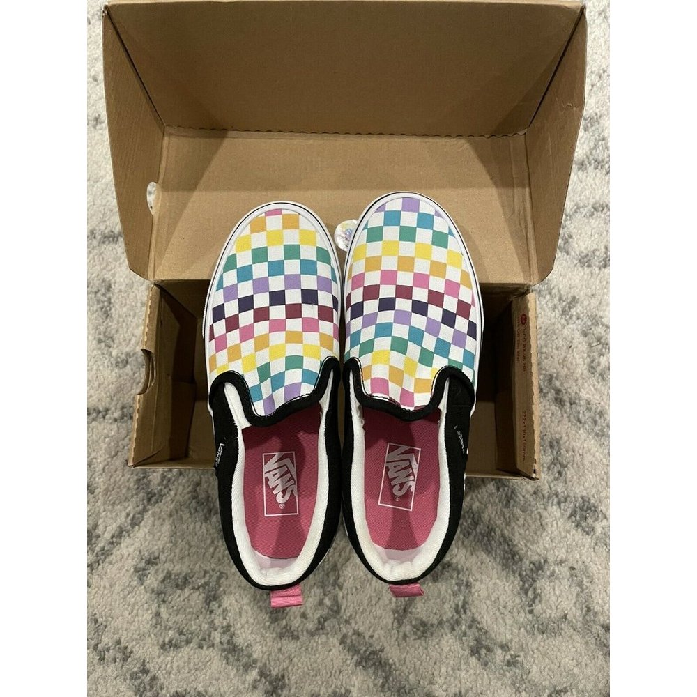 Vans Asher Kids Boys Girls Skate Shoes Sneakers Party Check Multi/Blk NIB Sz 3
